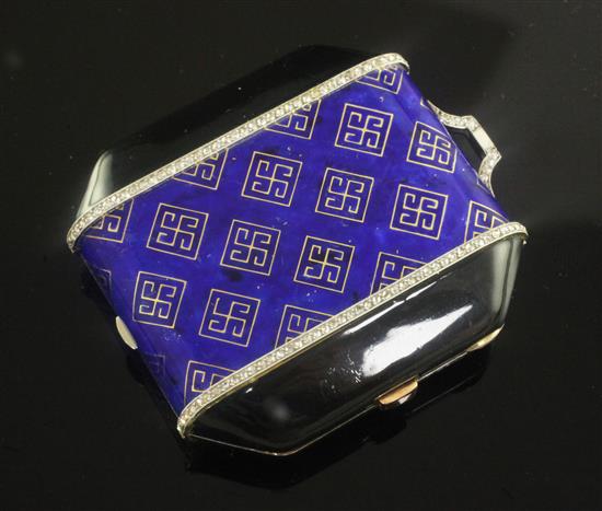 A French Art Deco 18ct gold, two colour enamel and rose cut diamond set octagonal compact, 2.25in.